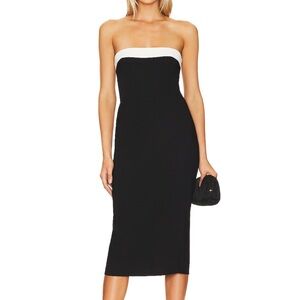 Amanda Uprichard Black Strapless Midi Dress with White Band 🤍🖤